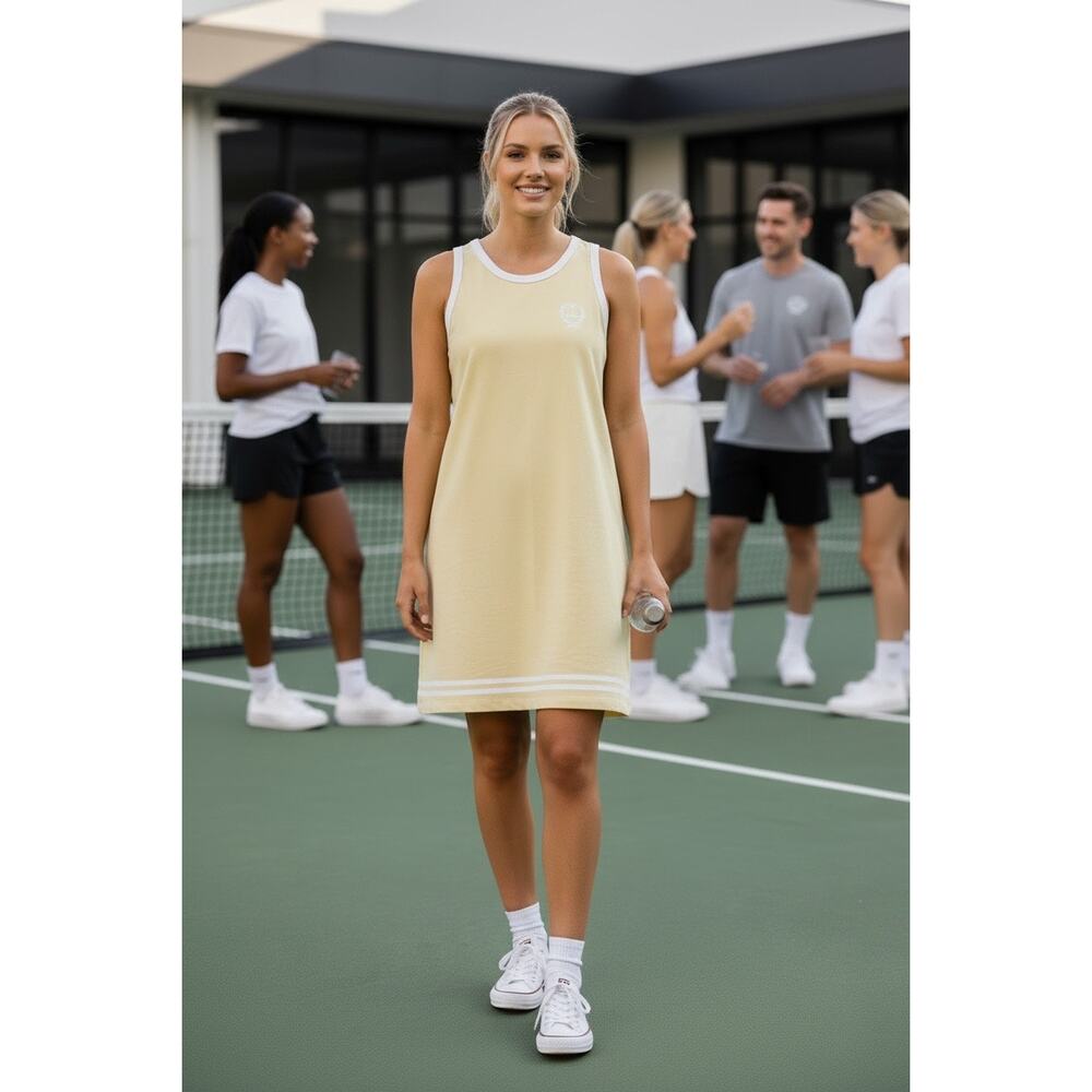 Sundry Yellow White Cotton Sleeveless Dress Size Large NWT Summer Casual Sporty